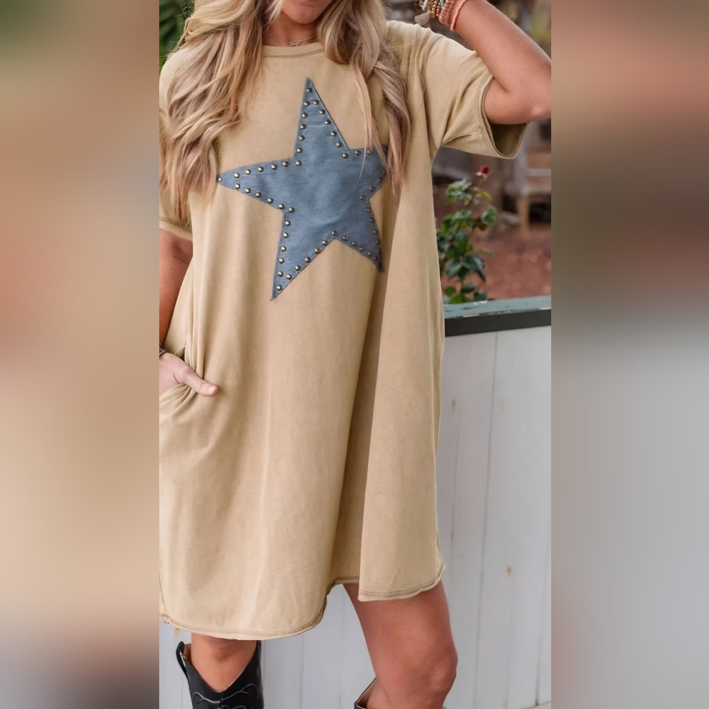 Star Studded Tan Dress With Pockets